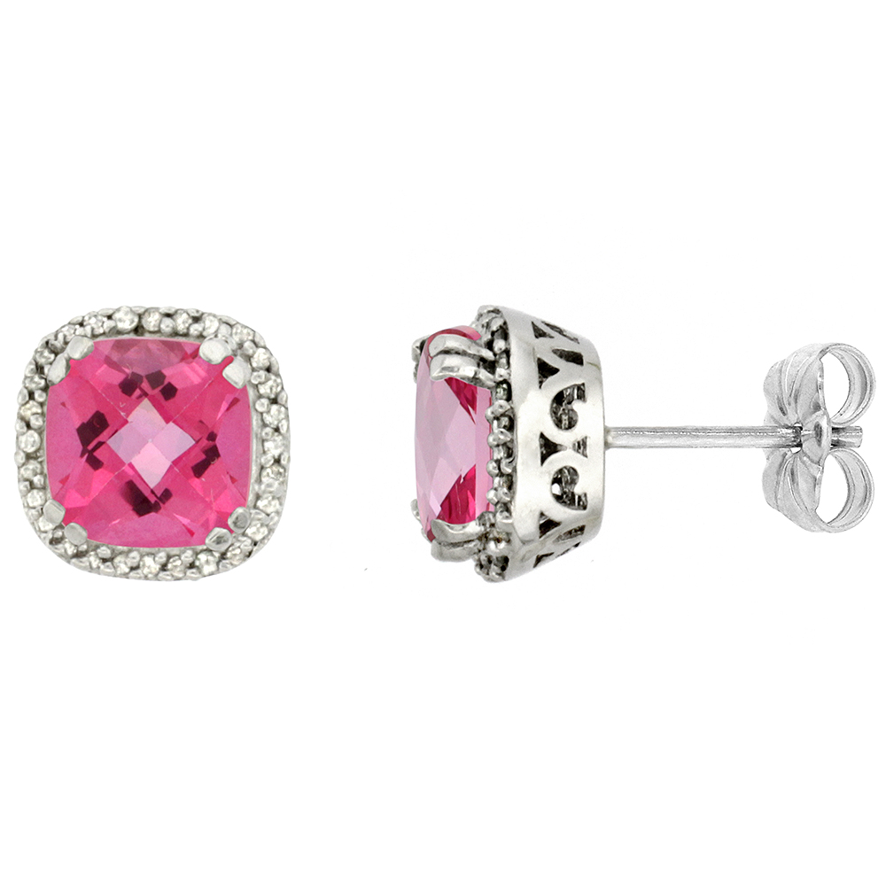 10K WHITE GOLD DIAMOND HALO NATURAL PINK TOPAZ STUD EARRINGS CUSHION SHAPED 7X7 MM