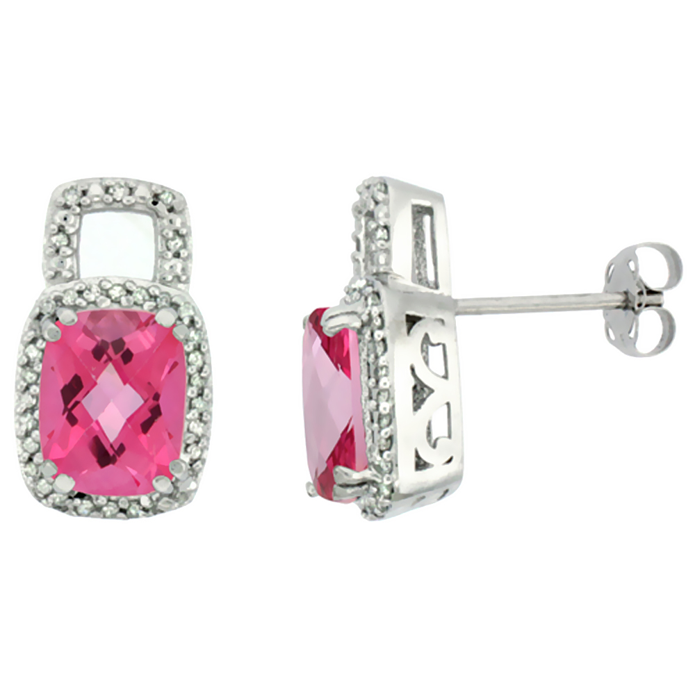 10K WHITE GOLD DIAMOND NATURAL PINK TOPAZ EARRINGS OCTAGON CUSHION 8X6 MM