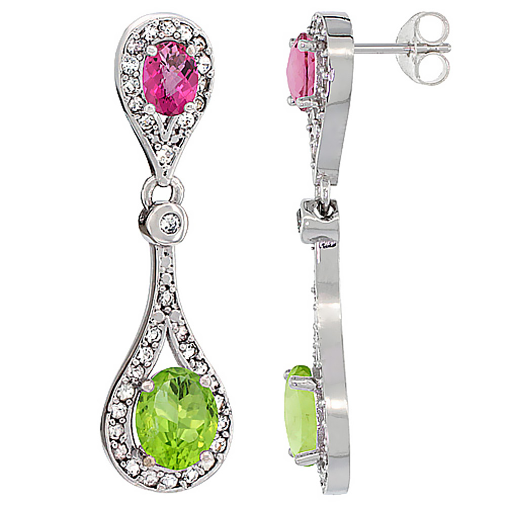 10K WHITE GOLD NATURAL PERIDOT & PINK TOPAZ OVAL DANGLING EARRINGS WHITE SAPPHIRE & DIAMOND ACCENTS, 1 3/8 INCHES LONG