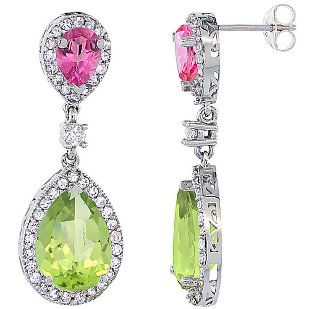 10K WHITE GOLD NATURAL PERIDOT & PINK TOPAZ TEARDROP EARRINGS WHITE SAPPHIRE & DIAMOND