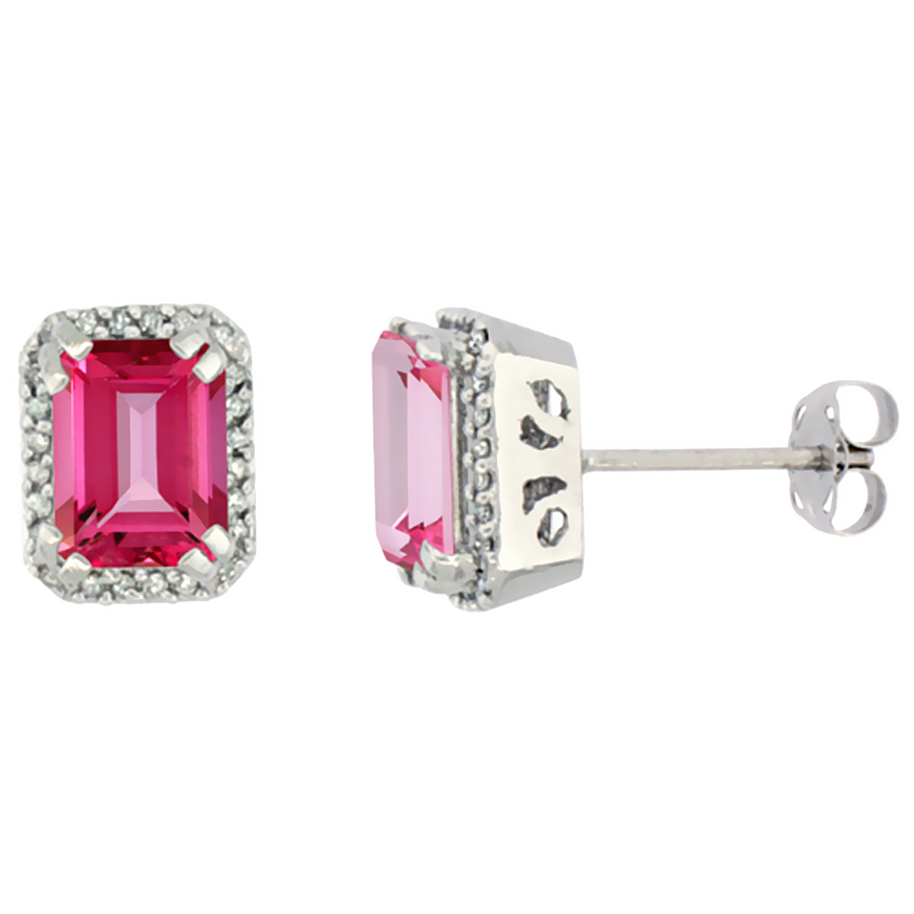 10K WHITE GOLD DIAMOND NATURAL PINK TOPAZ EARRINGS OCTAGON 7X5 MM