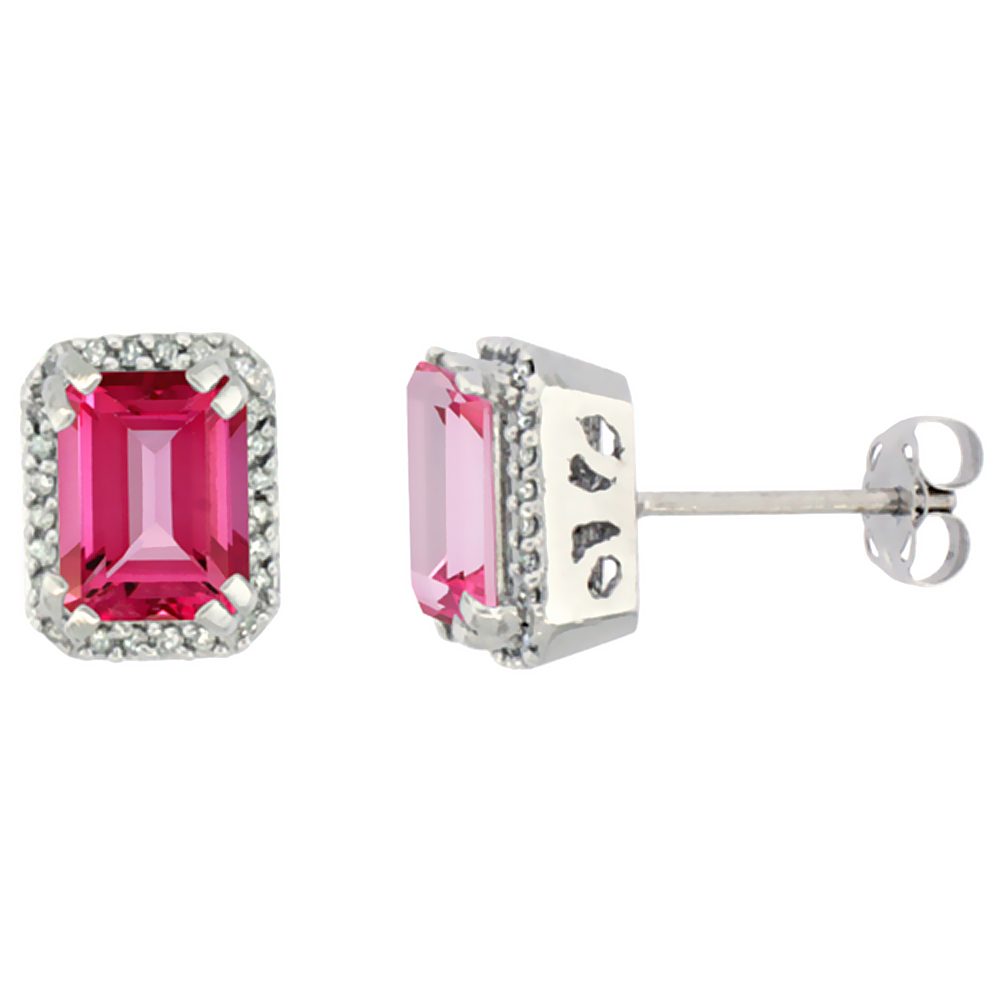 10K White Gold Diamond Natural Pink Topaz Earrings Octagon 7x5 mm