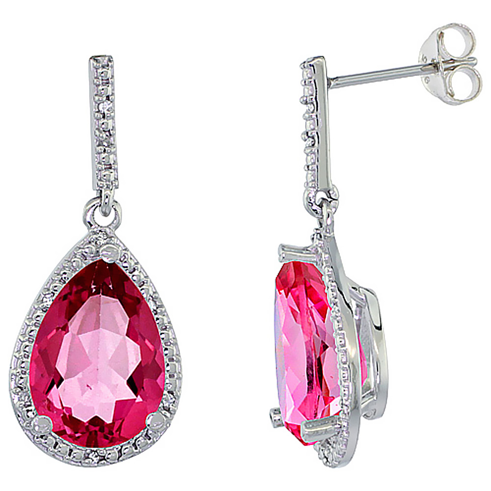 10K White Gold Diamond Halo Natural Pink Topaz Dangle Earrings Pear Shaped 12x8 mm