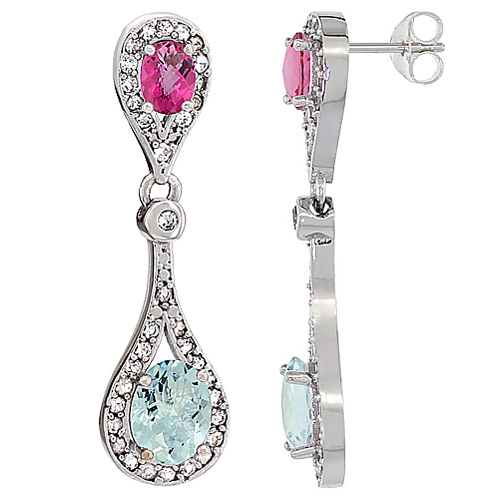 10K WHITE GOLD NATURAL AQUAMARINE & PINK TOPAZ OVAL DANGLING EARRINGS WHITE SAPPHIRE & DIAMOND ACCENTS, 1 3/8 INCHES LONG