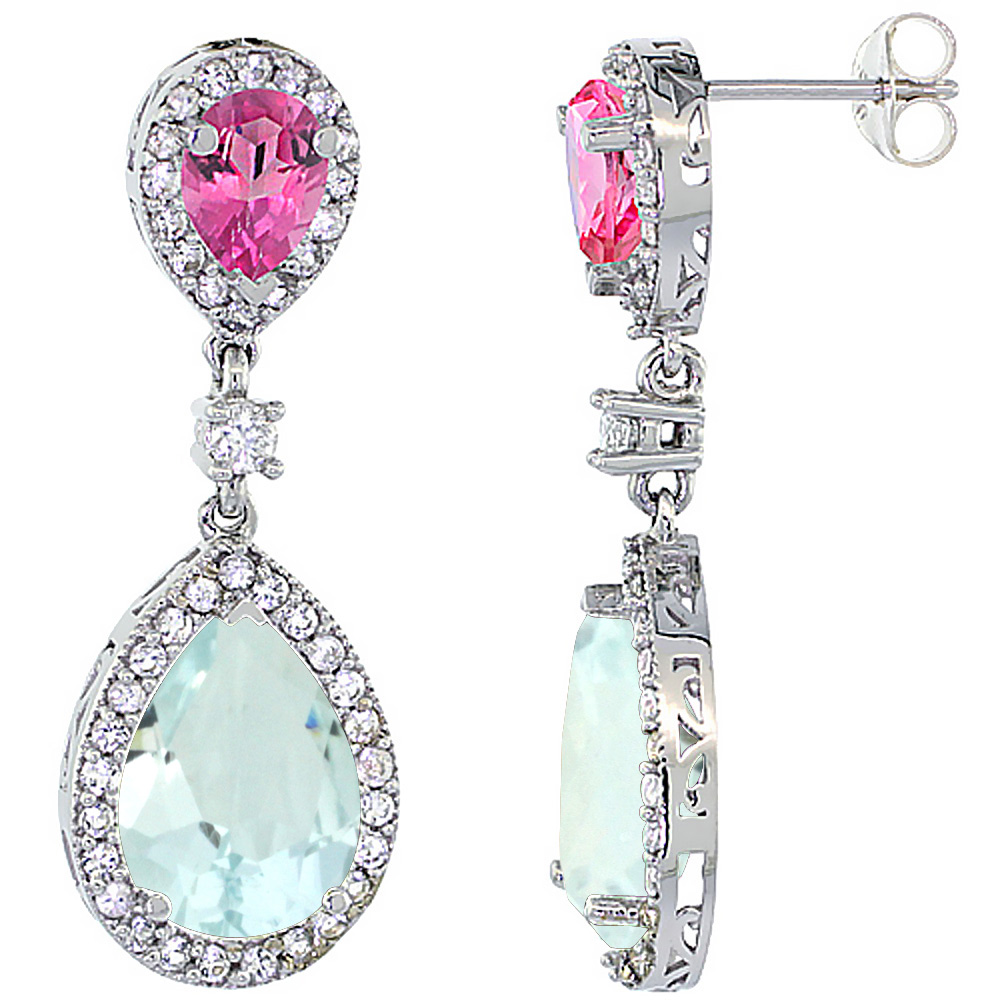 14K White Gold Natural Aquamarine &amp; Pink Topaz Teardrop Earrings White Sapphire &amp; Diamond