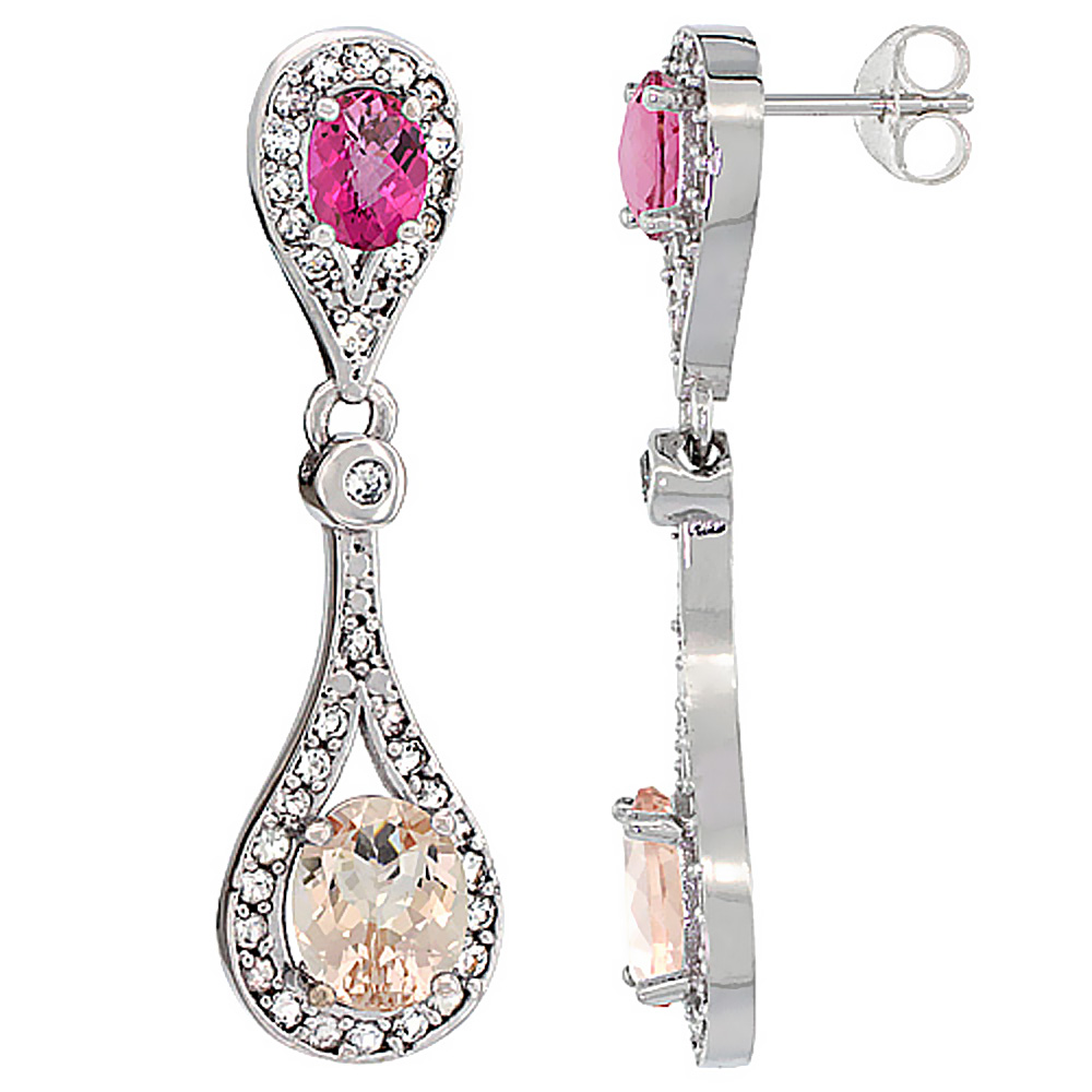 10K WHITE GOLD ENHANCED RUBY & PINK TOPAZ OVAL DANGLING EARRINGS WHITE SAPPHIRE & DIAMOND ACCENTS, 1 3/8 INCHES LONG
