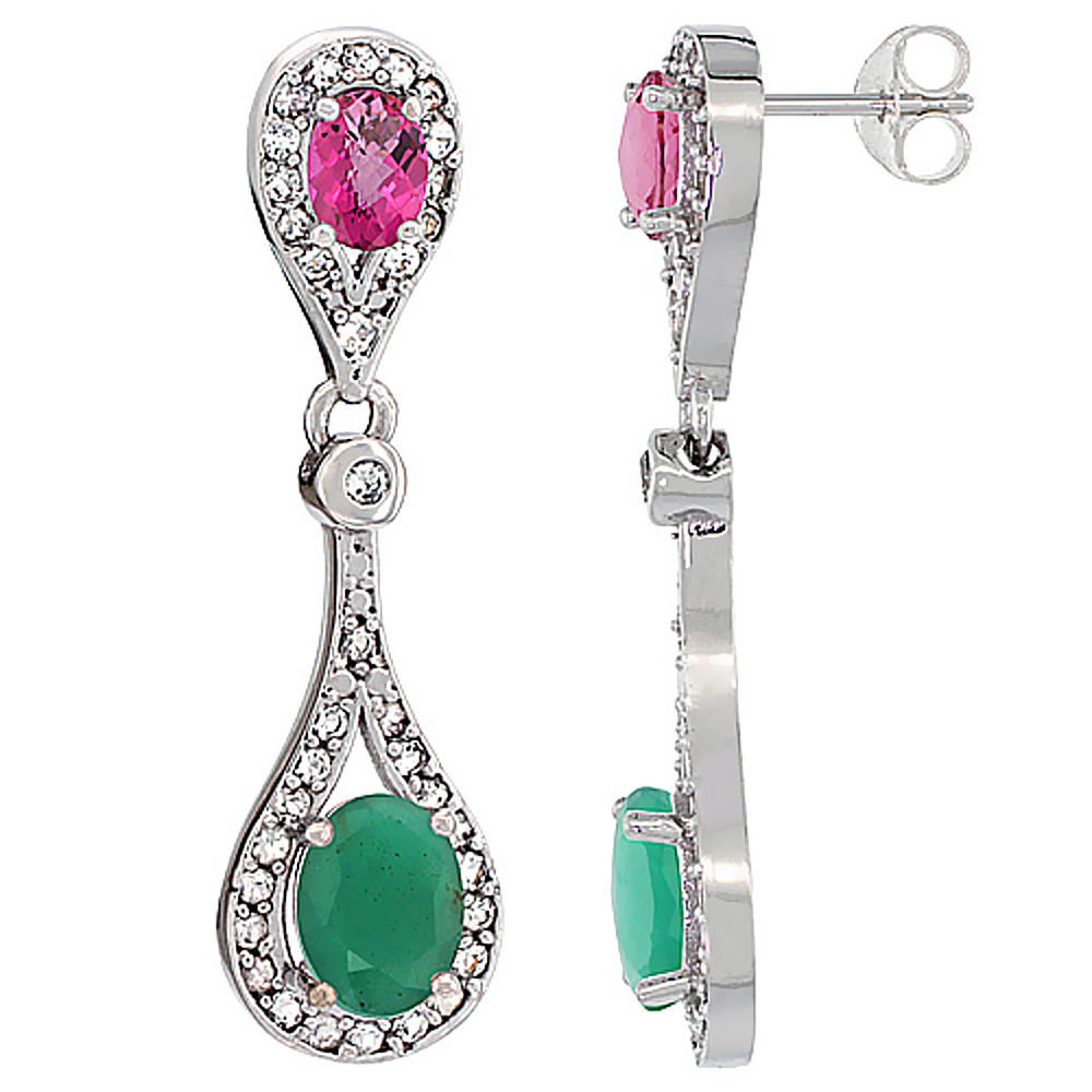 10K WHITE GOLD NATURAL EMERALD & PINK TOPAZ OVAL DANGLING EARRINGS WHITE SAPPHIRE & DIAMOND ACCENTS, 1 3/8 INCHES LONG