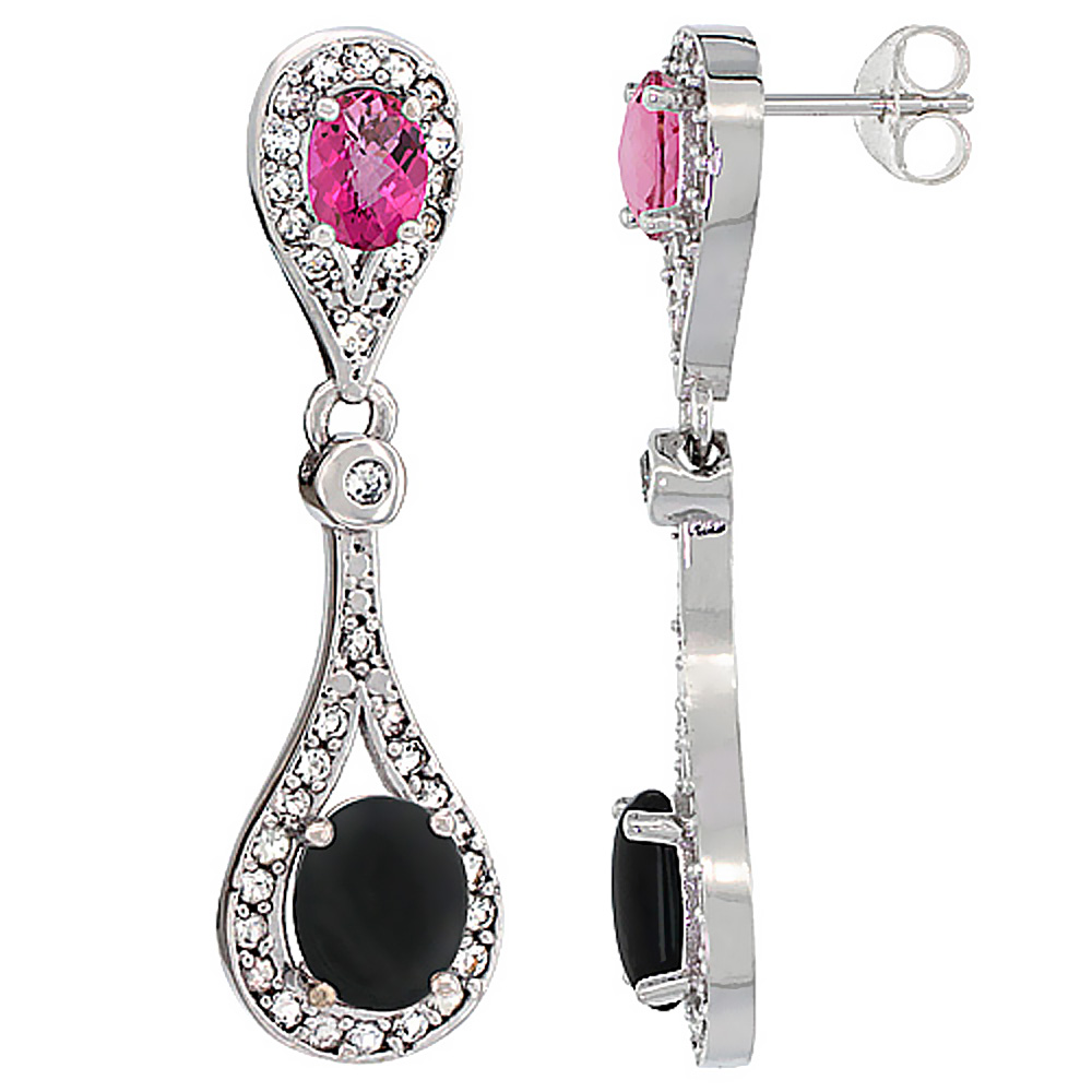 10K WHITE GOLD NATURAL BLACK ONYX & PINK TOPAZ OVAL DANGLING EARRINGS WHITE SAPPHIRE & DIAMOND ACCENTS, 1 3/8 INCHES LONG
