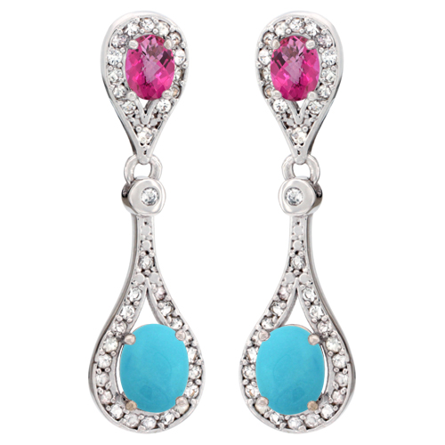 10K WHITE GOLD NATURAL TURQUOISE & PINK TOPAZ OVAL DANGLING EARRINGS WHITE SAPPHIRE & DIAMOND ACCENTS, 1 3/8 INCHES LONG