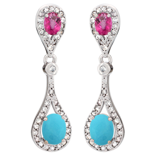 14K White Gold Natural Turquoise & Pink Topaz Oval Dangling Earrings White Sapphire & Diamond Accents, 1 3/8 inches long