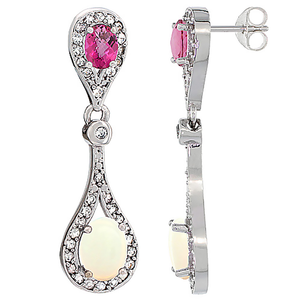 14K WHITE GOLD NATURAL OPAL & PINK TOPAZ OVAL DANGLING EARRINGS WHITE SAPPHIRE & DIAMOND ACCENTS, 1 3/8 INCHES LONG