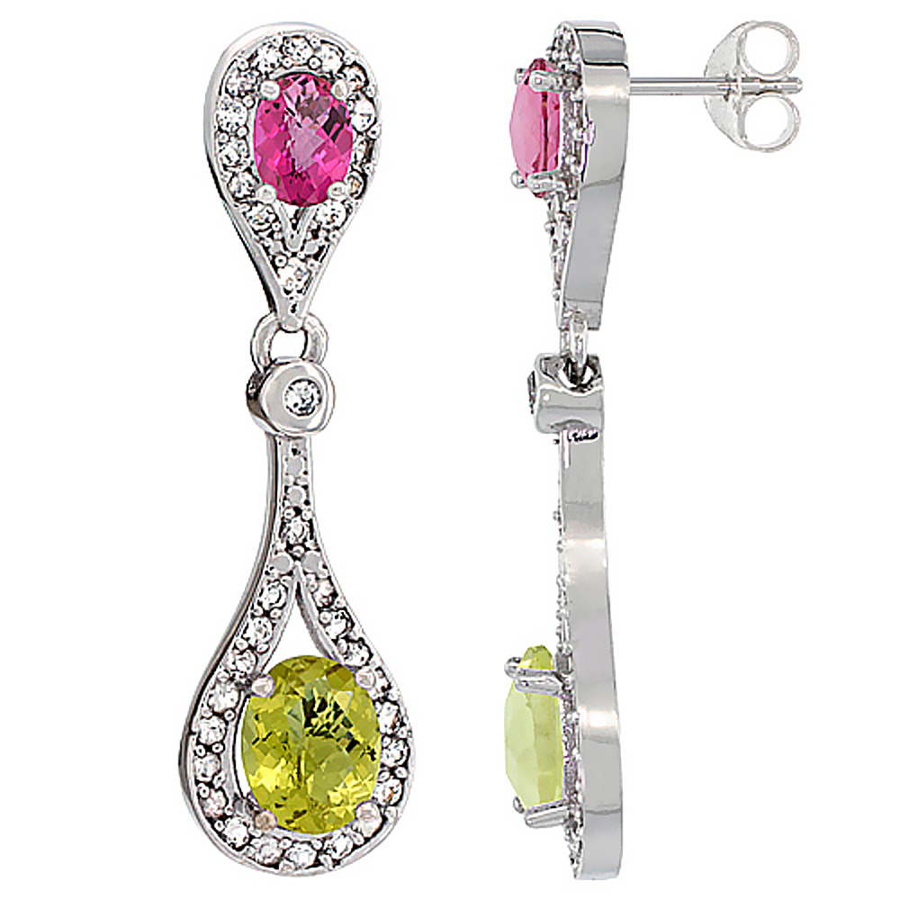 10K White Gold Natural Lemon Quartz & Pink Topaz Oval Dangling Earrings White Sapphire & Diamond Accents, 1 3/8 inches long