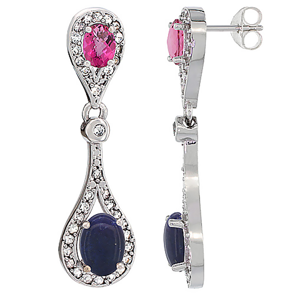 14K WHITE GOLD NATURAL LAPIS & PINK TOPAZ OVAL DANGLING EARRINGS WHITE SAPPHIRE & DIAMOND ACCENTS, 1 3/8 INCHES LONG