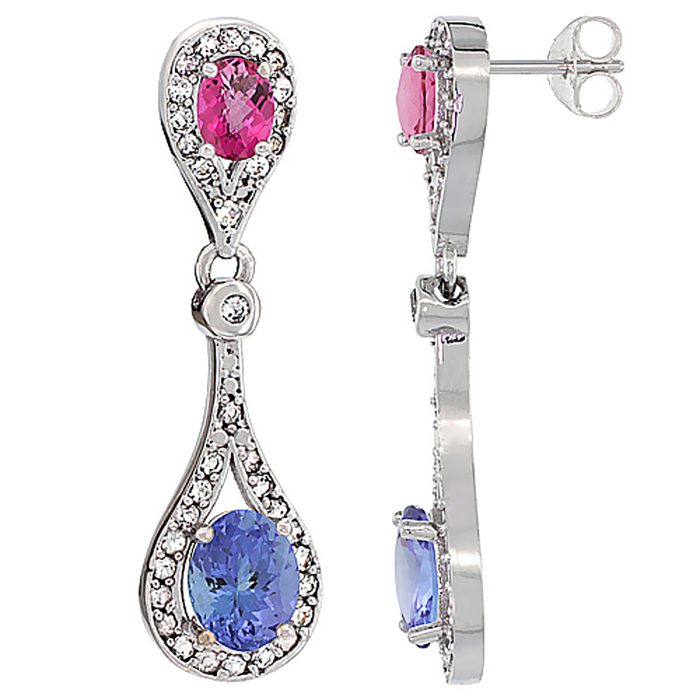 14K WHITE GOLD NATURAL TANZANITE & PINK TOPAZ OVAL DANGLING EARRINGS WHITE SAPPHIRE & DIAMOND ACCENTS, 1 3/8 INCHES LONG