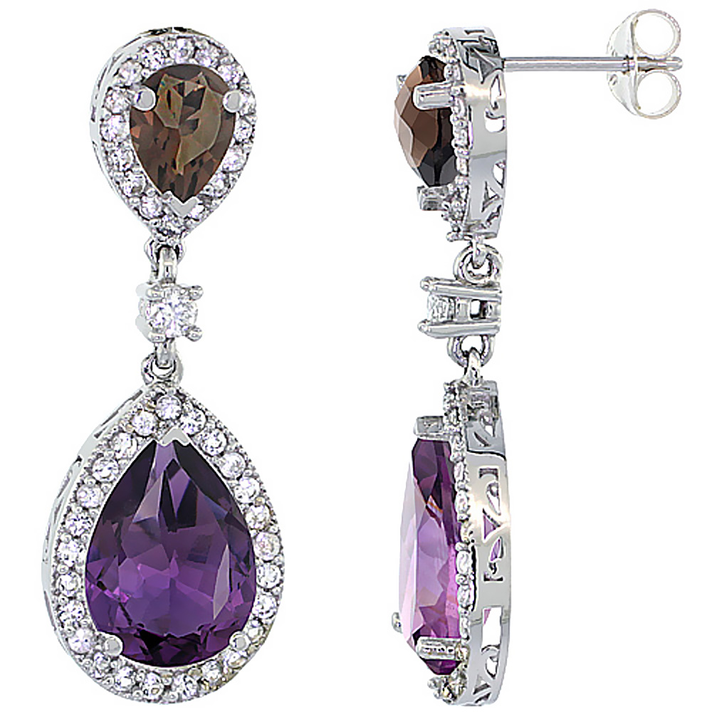 10K White Gold Natural Amethyst & Smoky Topaz Teardrop Earrings White Sapphire & Diamond