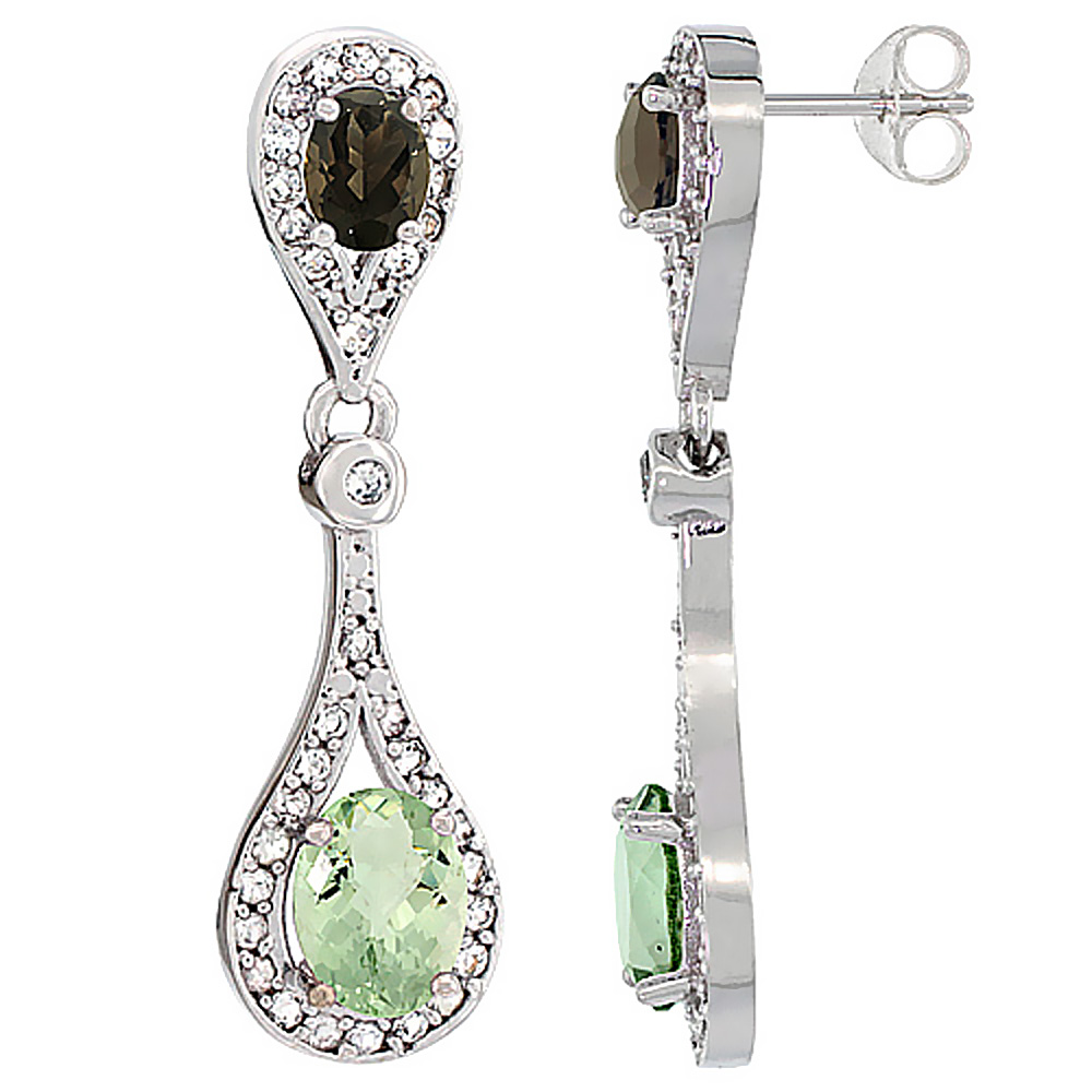 10K White Gold Natural Green Smoky Topaz & Smoky Topaz Oval Dangling Earrings White Sapphire & Diamond Accents, 1 3/8 inches long