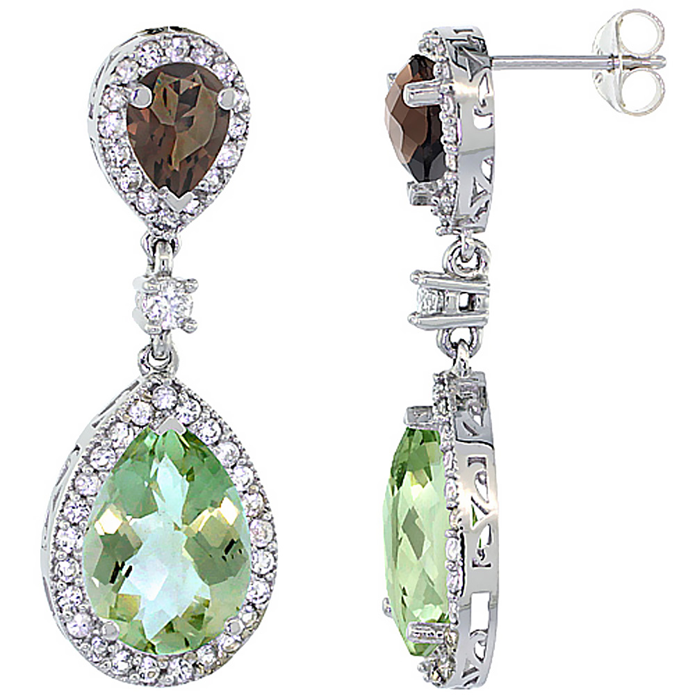 10K White Gold Natural Green Amethyst &amp; Smoky Topaz Teardrop Earrings White Sapphire &amp; Diamond