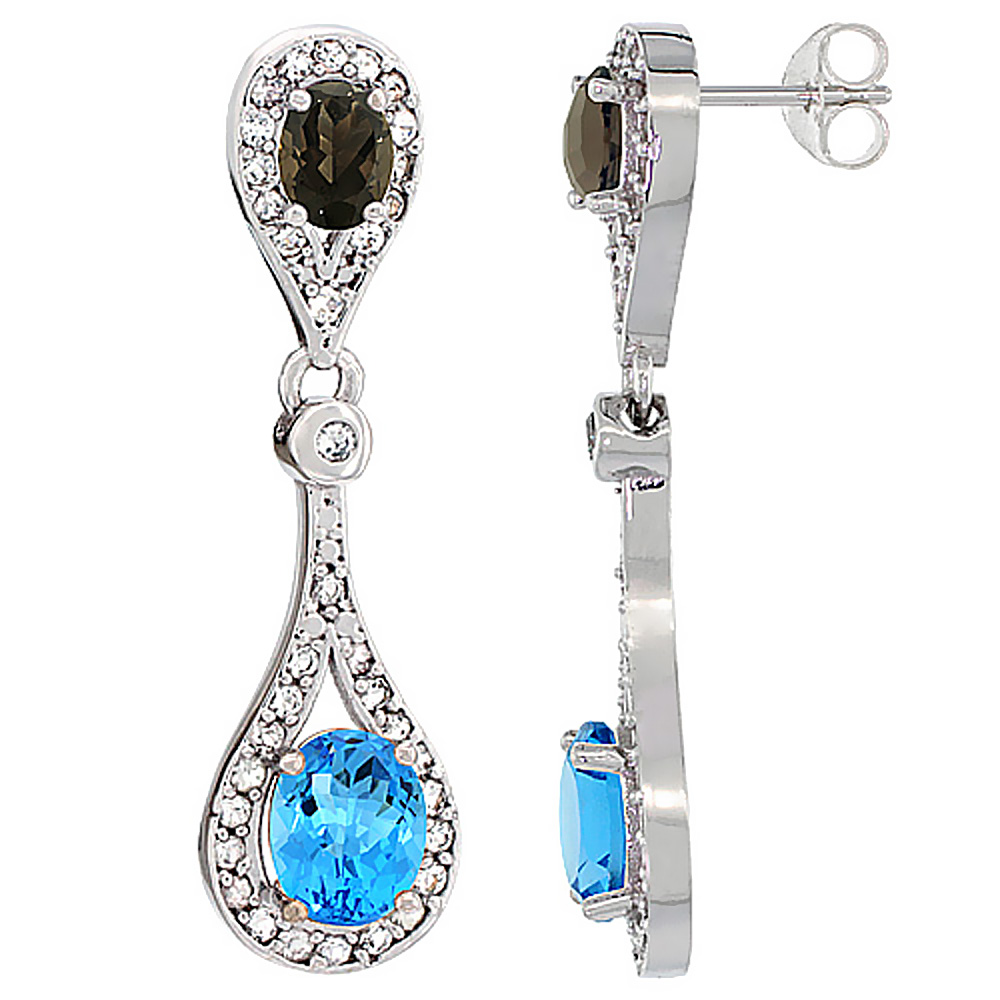 10K White Gold Natural Swiss Blue Topaz & Smoky Topaz Oval Dangling Earrings White Sapphire & Diamond Accents, 1 3/8 inches long