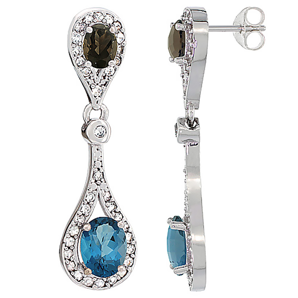 14K WHITE GOLD NATURAL LONDON BLUE TOPAZ & SMOKY TOPAZ OVAL DANGLING EARRINGS WHITE SAPPHIRE & DIAMOND ACCENTS, 1 3/8 INCHES LONG