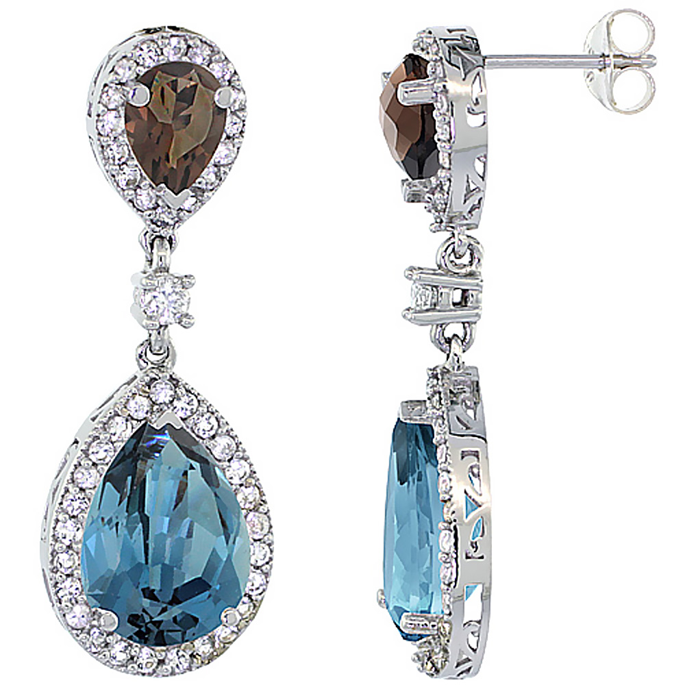 14K White Gold Natural London Blue & Smoky Topazes Teardrop Earrings White Sapphire & Diamond