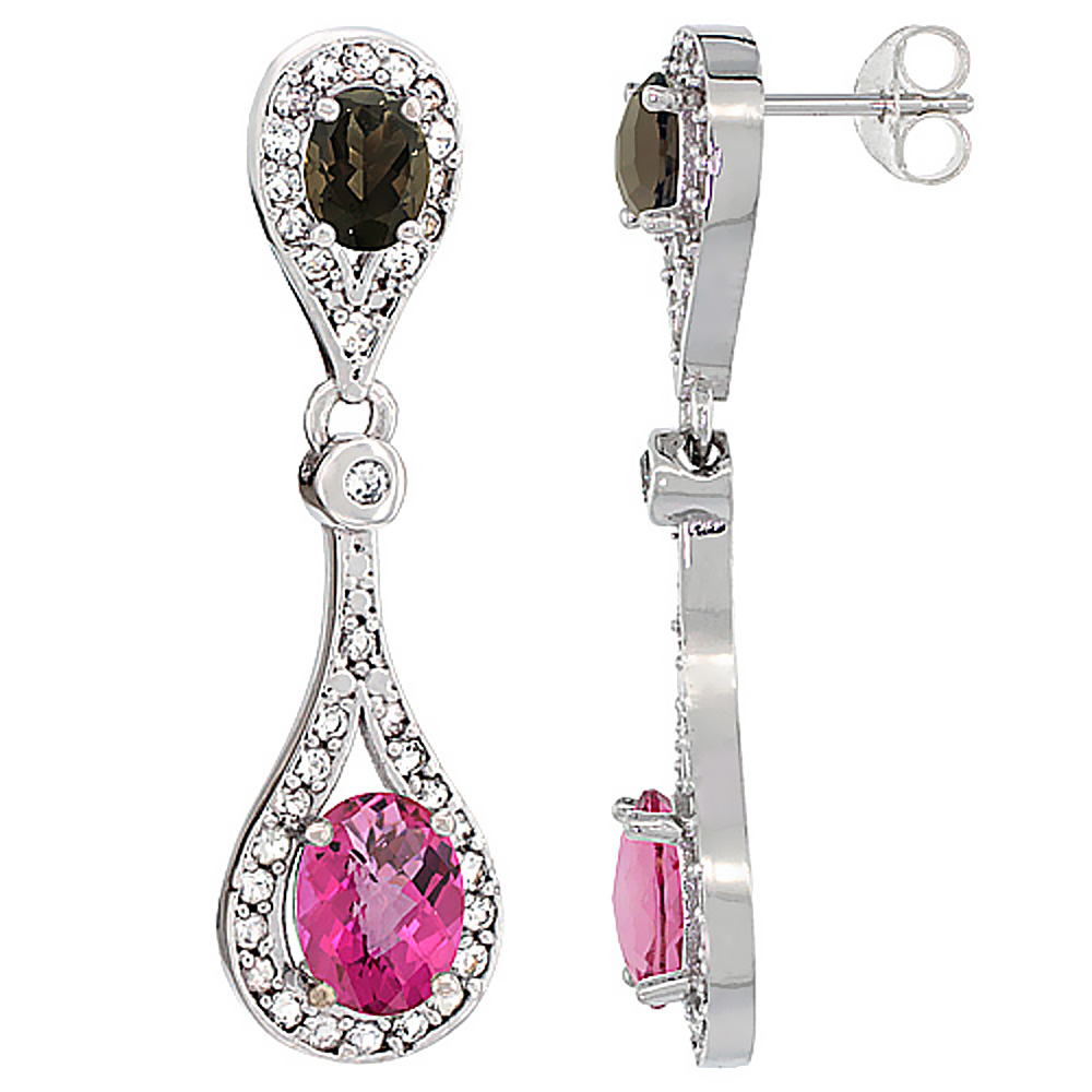 14K WHITE GOLD NATURAL PINK TOPAZ & SMOKY TOPAZ OVAL DANGLING EARRINGS WHITE SAPPHIRE & DIAMOND ACCENTS, 1 3/8 INCHES LONG
