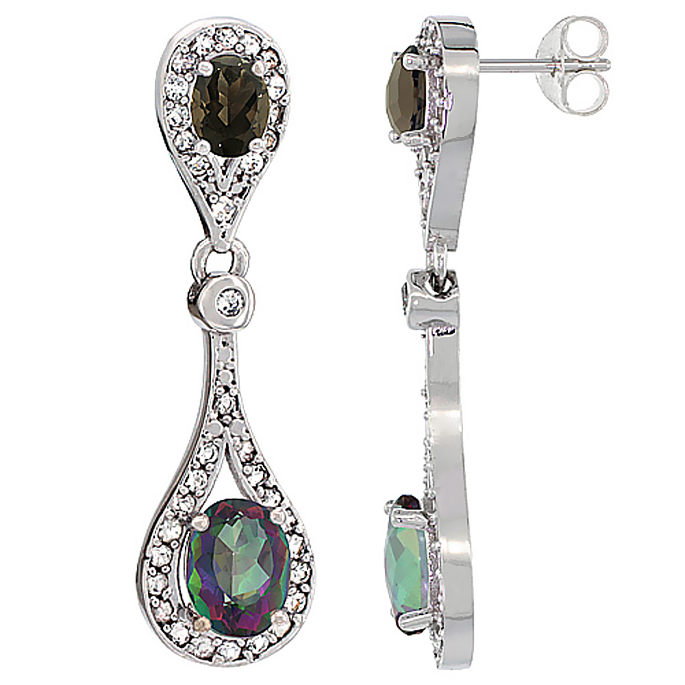 14K WHITE GOLD NATURAL MYSTIC TOPAZ & SMOKY TOPAZ OVAL DANGLING EARRINGS WHITE SAPPHIRE & DIAMOND ACCENTS, 1 3/8 INCHES LONG