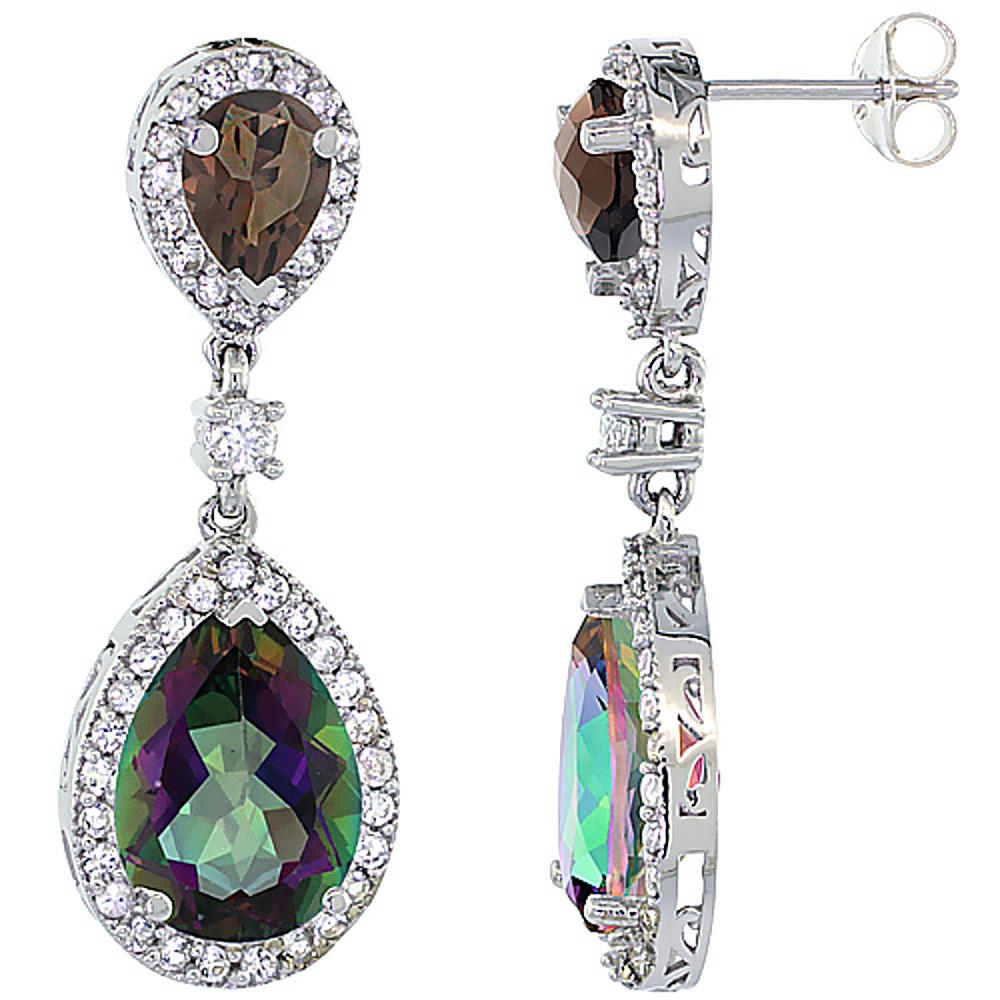 14K WHITE GOLD NATURAL MYSTIC & SMOKY TOPAZES TEARDROP EARRINGS WHITE SAPPHIRE & DIAMOND