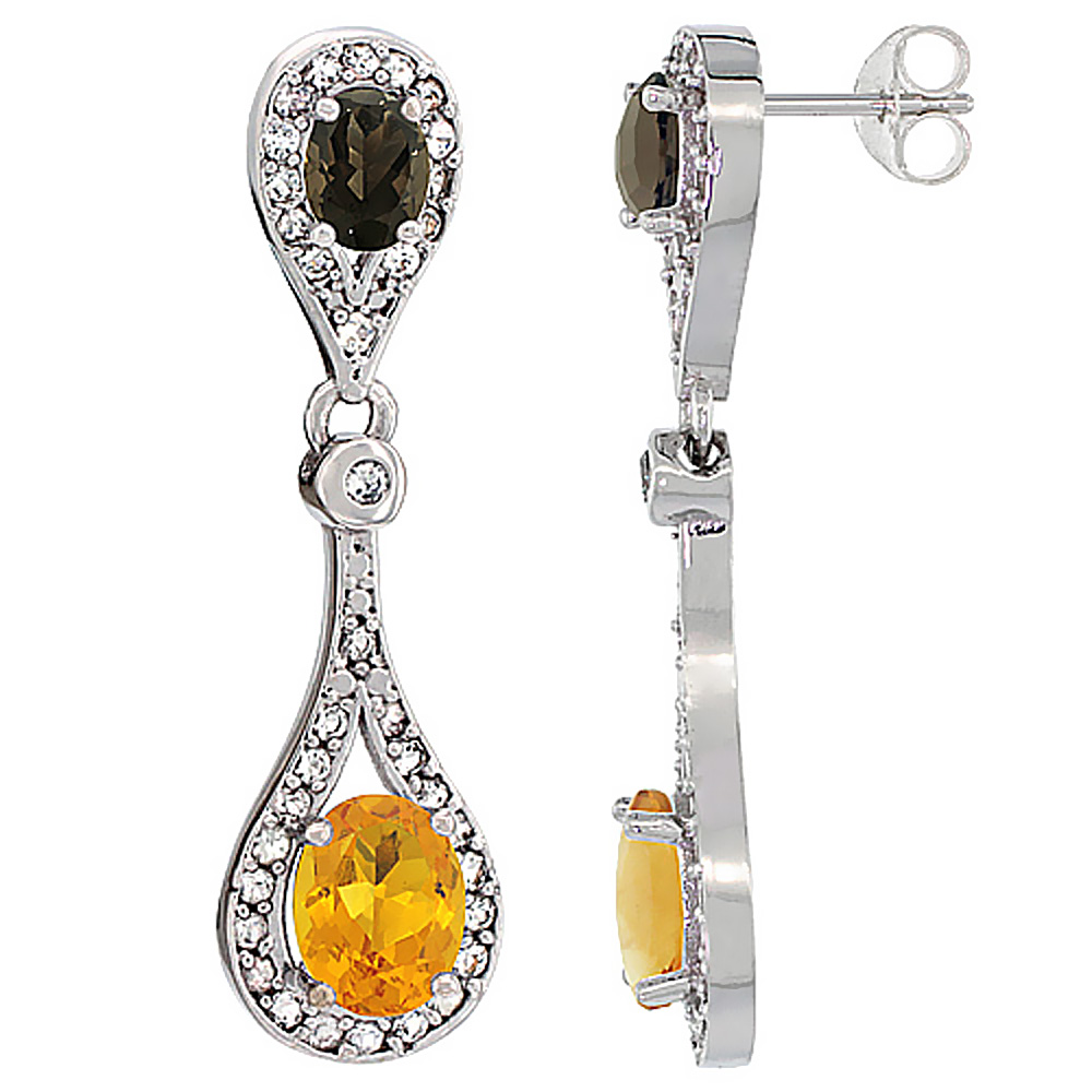 14K WHITE GOLD NATURAL CITRINE & SMOKY TOPAZ OVAL DANGLING EARRINGS WHITE SAPPHIRE & DIAMOND ACCENTS, 1 3/8 INCHES LONG