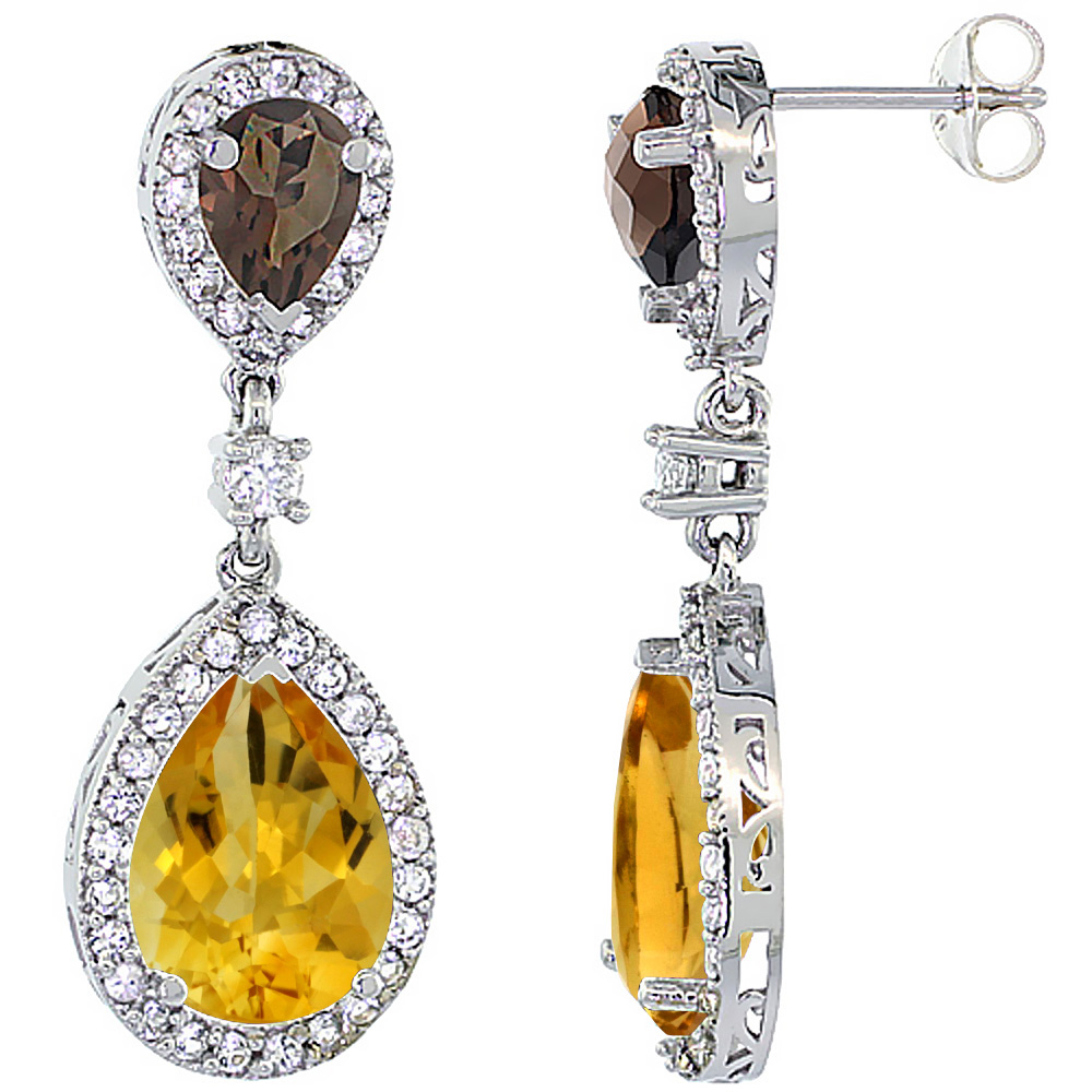 14K WHITE GOLD NATURAL CITRINE & SMOKY TOPAZ TEARDROP EARRINGS WHITE SAPPHIRE & DIAMOND