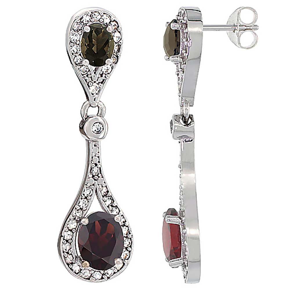 14K WHITE GOLD NATURAL GARNET & SMOKY TOPAZ OVAL DANGLING EARRINGS WHITE SAPPHIRE & DIAMOND ACCENTS, 1 3/8 INCHES LONG