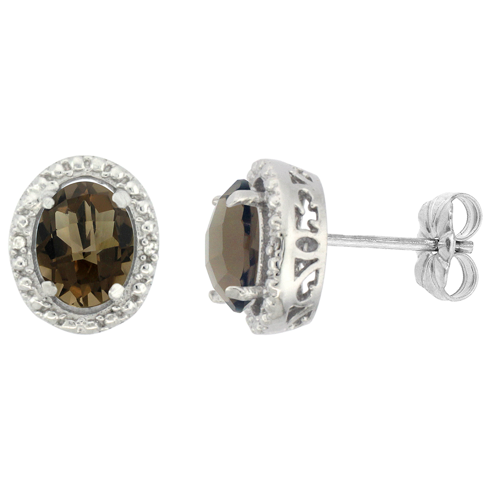 10K White Gold 0.01 cttw Diamond Natural Smoky Topaz Post Earrings Oval 7x5 mm