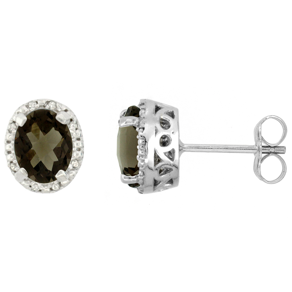 10K WHITE GOLD DIAMOND HALO NATURAL SMOKY TOPAZ STUD EARRINGS OVAL 7X5 MM