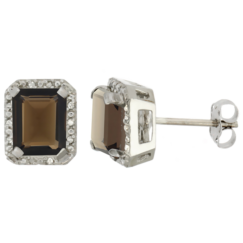 10K White Gold Diamond Natural Smoky Topaz Earrings Octagon 8x6 mm