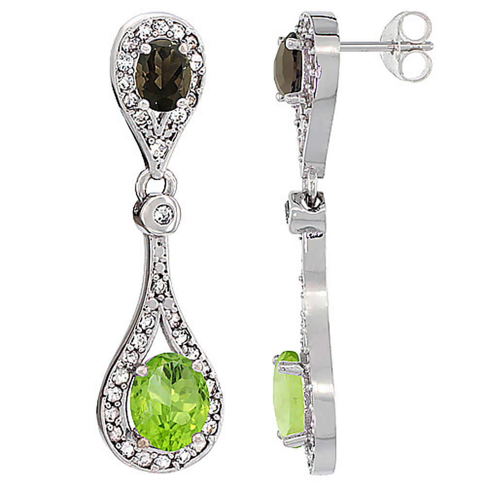 14K WHITE GOLD NATURAL PERIDOT & SMOKY TOPAZ OVAL DANGLING EARRINGS WHITE SAPPHIRE & DIAMOND ACCENTS, 1 3/8 INCHES LONG