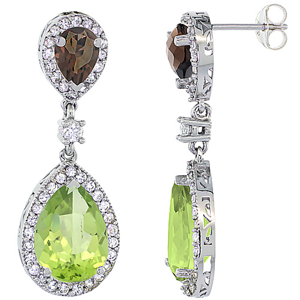 14K White Gold Natural Peridot &amp; Smoky Topaz Teardrop Earrings White Sapphire &amp; Diamond