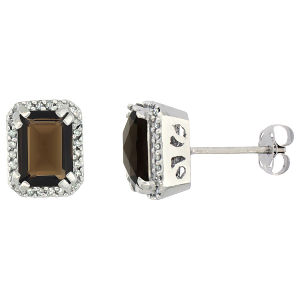 10K White Gold Diamond Natural Smoky Topaz Earrings Octagon 7x5 mm