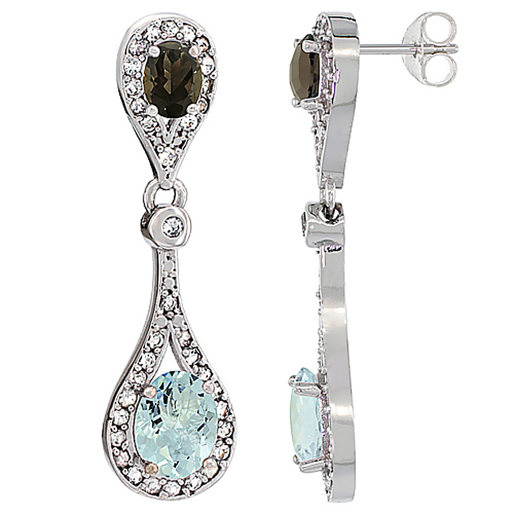 14K WHITE GOLD NATURAL AQUAMARINE & SMOKY TOPAZ OVAL DANGLING EARRINGS WHITE SAPPHIRE & DIAMOND ACCENTS, 1 3/8 INCHES LONG