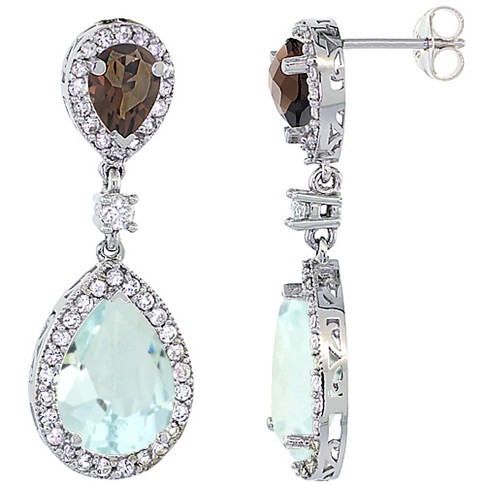 14K WHITE GOLD NATURAL AQUAMARINE & SMOKY TOPAZ TEARDROP EARRINGS WHITE SAPPHIRE & DIAMOND