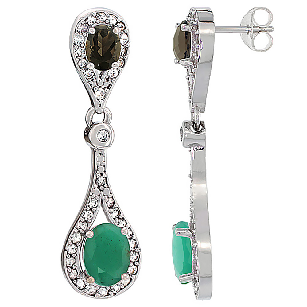 14K WHITE GOLD NATURAL EMERALD & SMOKY TOPAZ OVAL DANGLING EARRINGS WHITE SAPPHIRE & DIAMOND ACCENTS, 1 3/8 INCHES LONG