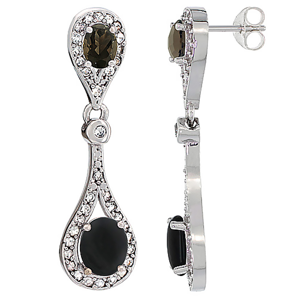 14K WHITE GOLD NATURAL BLACK ONYX & SMOKY TOPAZ OVAL DANGLING EARRINGS WHITE SAPPHIRE & DIAMOND ACCENTS, 1 3/8 INCHES LONG