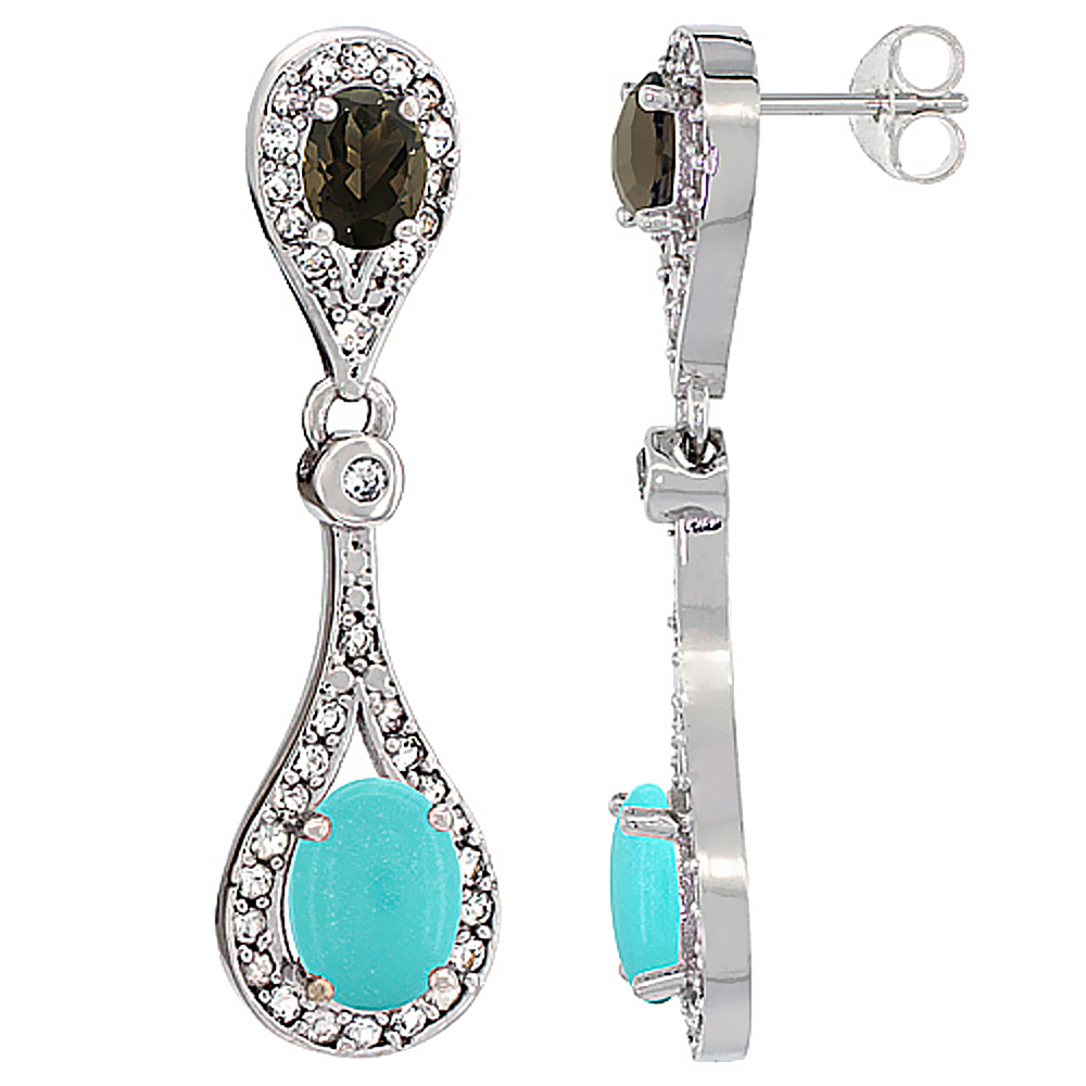 14K WHITE GOLD NATURAL TURQUOISE & SMOKY TOPAZ OVAL DANGLING EARRINGS WHITE SAPPHIRE & DIAMOND ACCENTS, 1 3/8 INCHES LONG