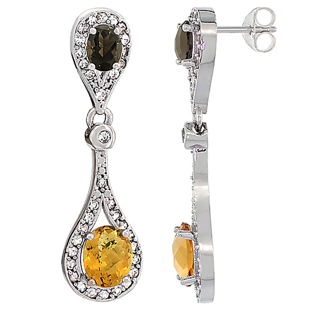 14K WHITE GOLD NATURAL WHISKY QUARTZ & SMOKY TOPAZ OVAL DANGLING EARRINGS WHITE SAPPHIRE & DIAMOND ACCENTS, 1 3/8 INCHES LONG