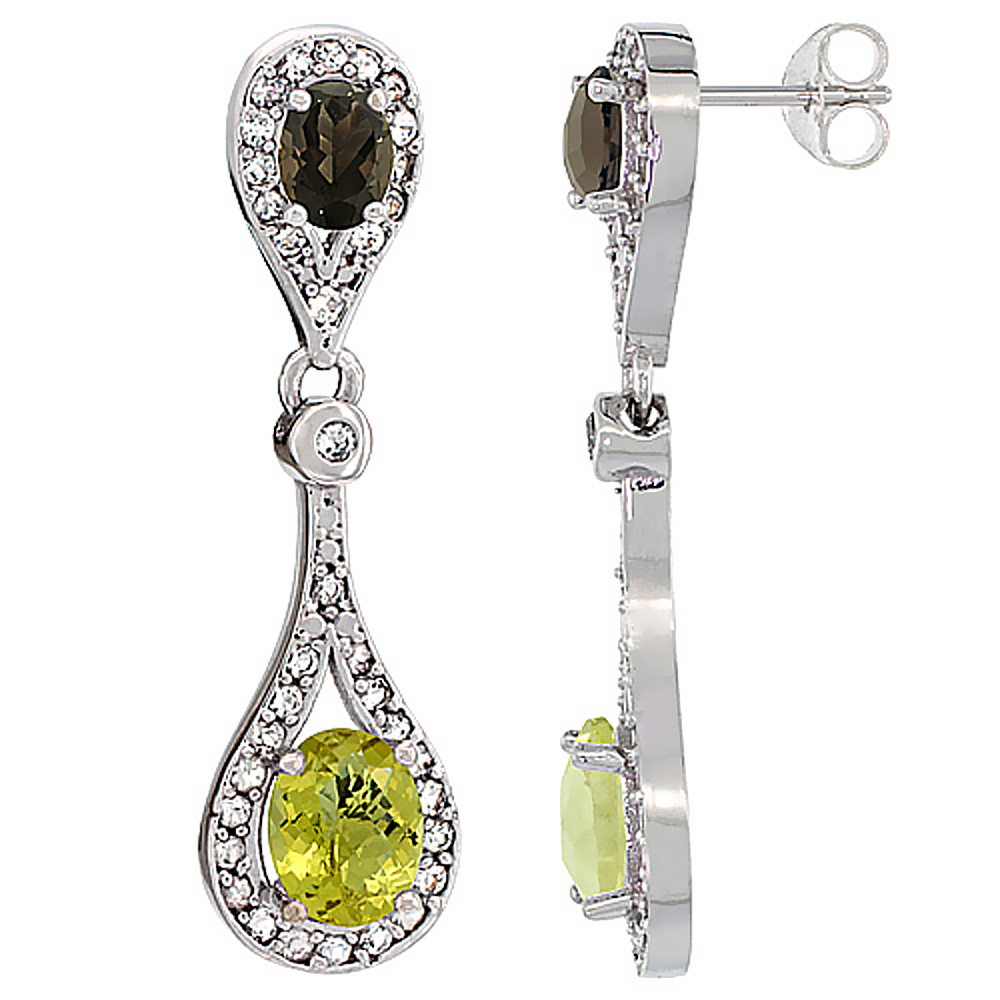 14K WHITE GOLD NATURAL LEMON QUARTZ & SMOKY TOPAZ OVAL DANGLING EARRINGS WHITE SAPPHIRE & DIAMOND ACCENTS, 1 3/8 INCHES LONG