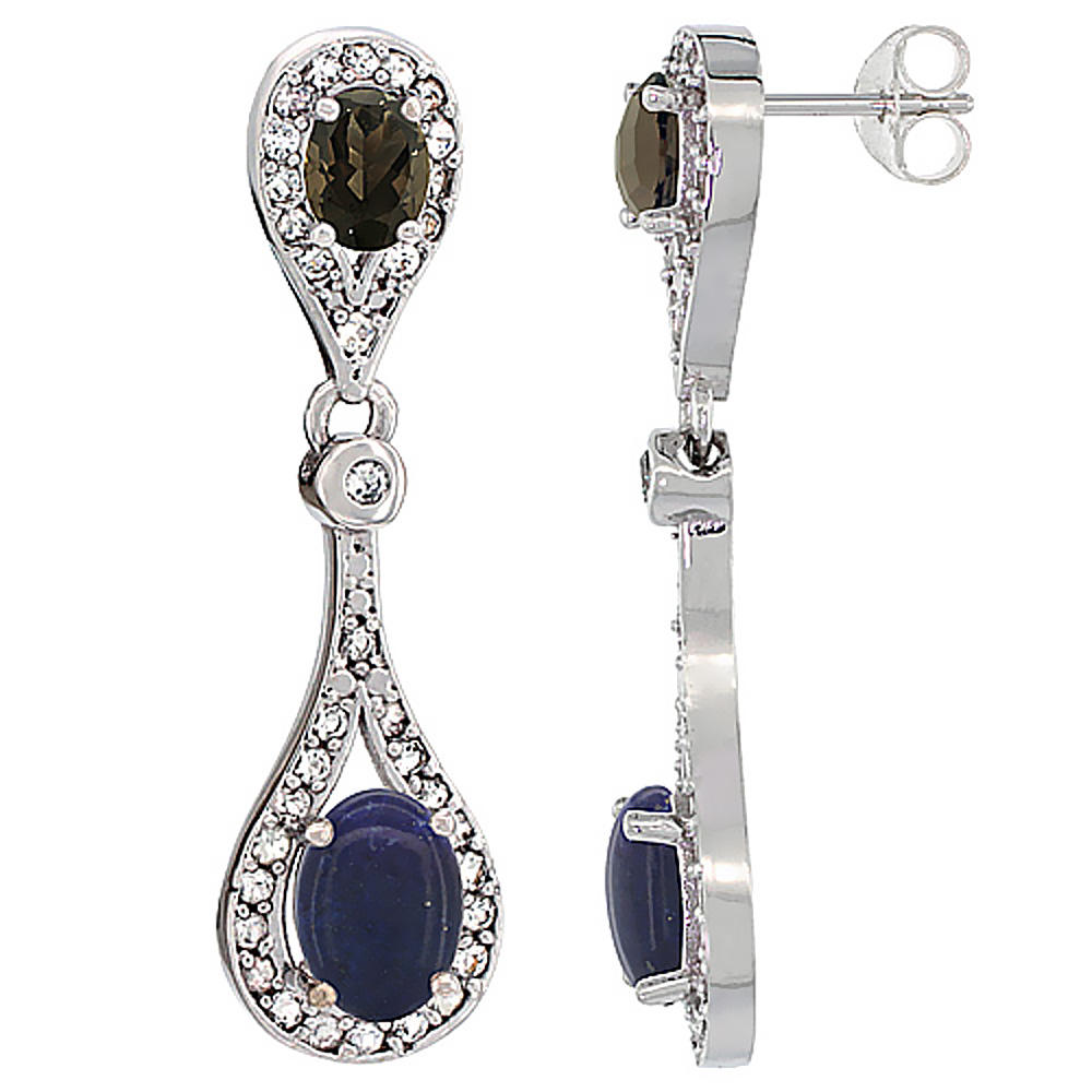 14K WHITE GOLD NATURAL LAPIS & SMOKY TOPAZ OVAL DANGLING EARRINGS WHITE SAPPHIRE & DIAMOND ACCENTS, 1 3/8 INCHES LONG
