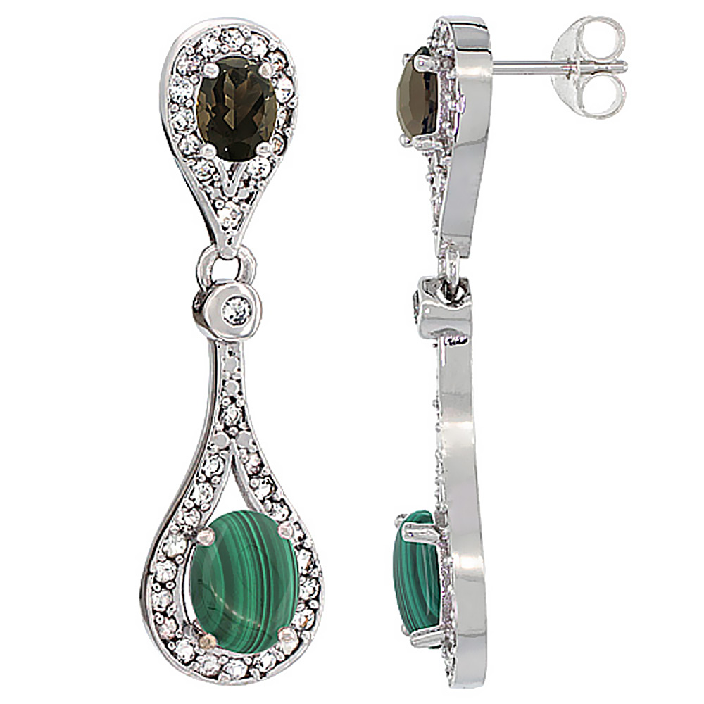 14K WHITE GOLD NATURAL MALACHITE & SMOKY TOPAZ OVAL DANGLING EARRINGS WHITE SAPPHIRE & DIAMOND ACCENTS, 1 3/8 INCHES LONG