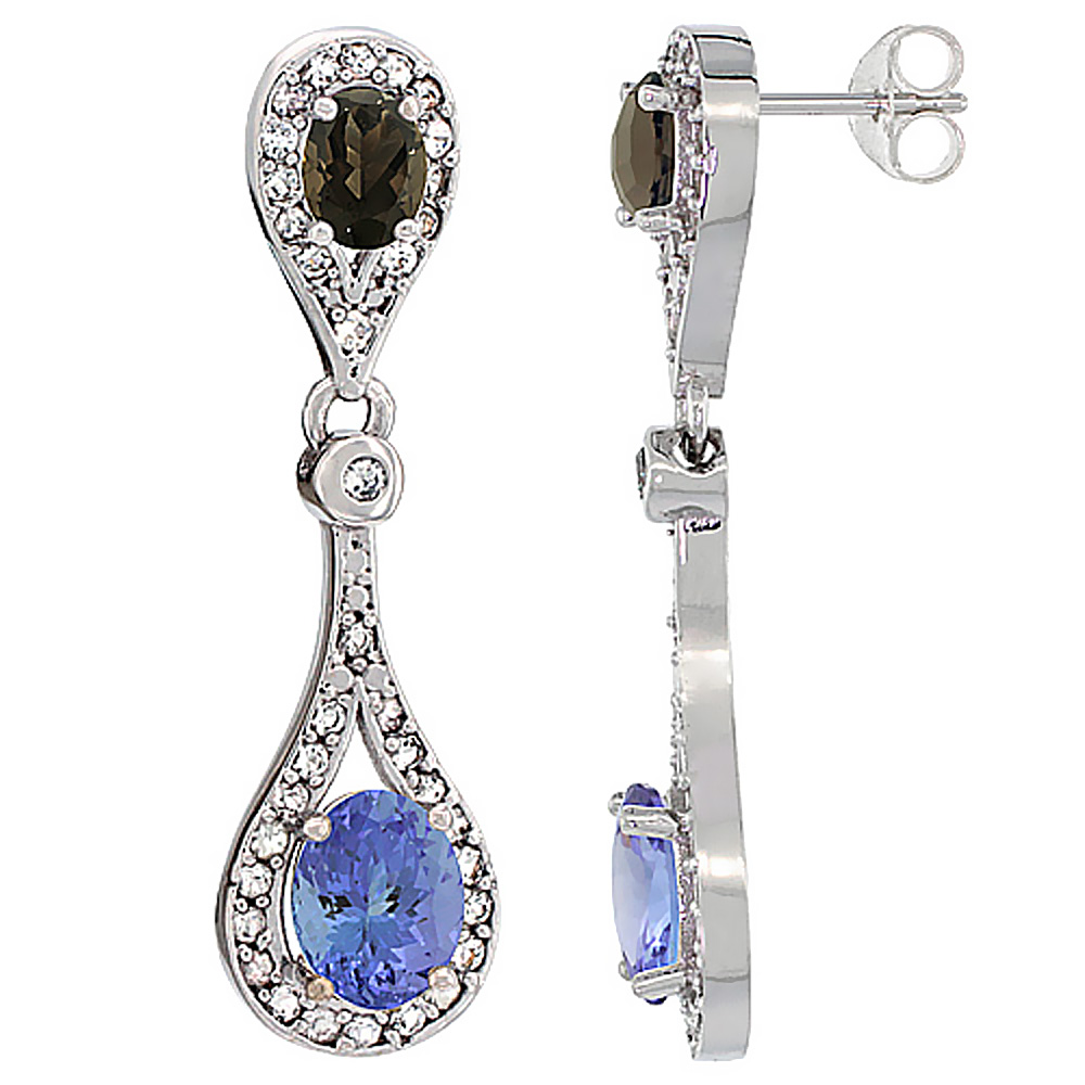 14K WHITE GOLD NATURAL TANZANITE & SMOKY TOPAZ OVAL DANGLING EARRINGS WHITE SAPPHIRE & DIAMOND ACCENTS, 1 3/8 INCHES LONG