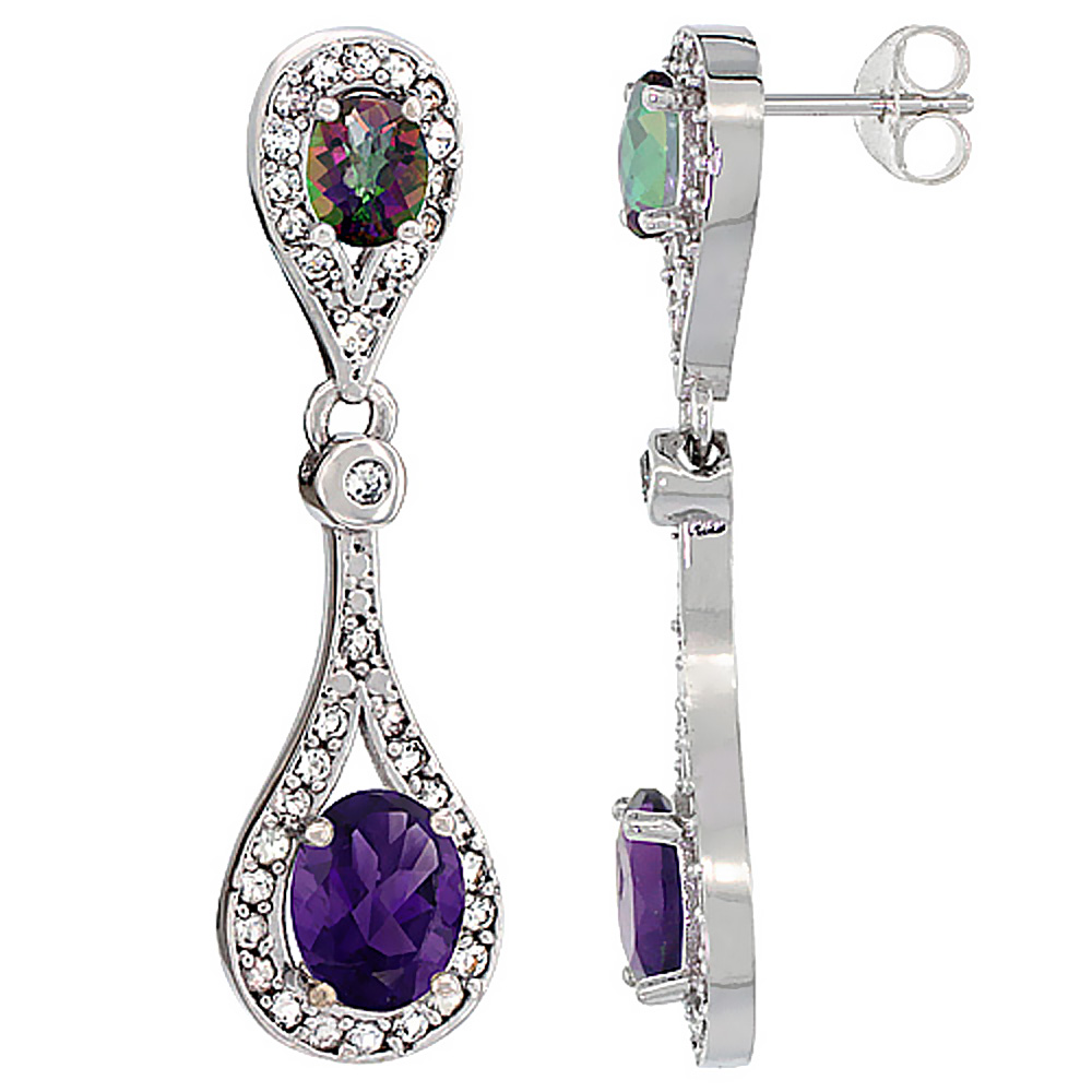 14K WHITE GOLD NATURAL AMETHYST & MYSTIC TOPAZ OVAL DANGLING EARRINGS WHITE SAPPHIRE & DIAMOND ACCENTS, 1 3/8 INCHES LONG