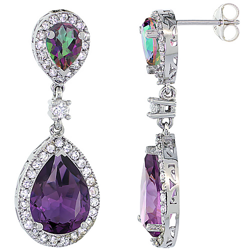 10K White Gold Natural Amethyst &amp; Mystic Topaz Teardrop Earrings White Sapphire &amp; Diamond