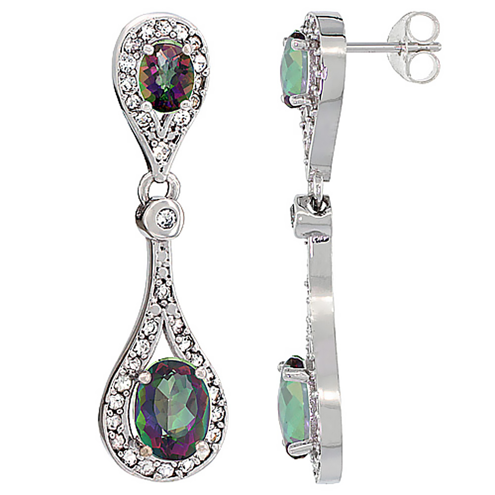 14K WHITE GOLD NATURAL GREEN MYSTIC TOPAZ & MYSTIC TOPAZ OVAL DANGLING EARRINGS WHITE SAPPHIRE & DIAMOND ACCENTS, 1 3/8 INCHES LONG