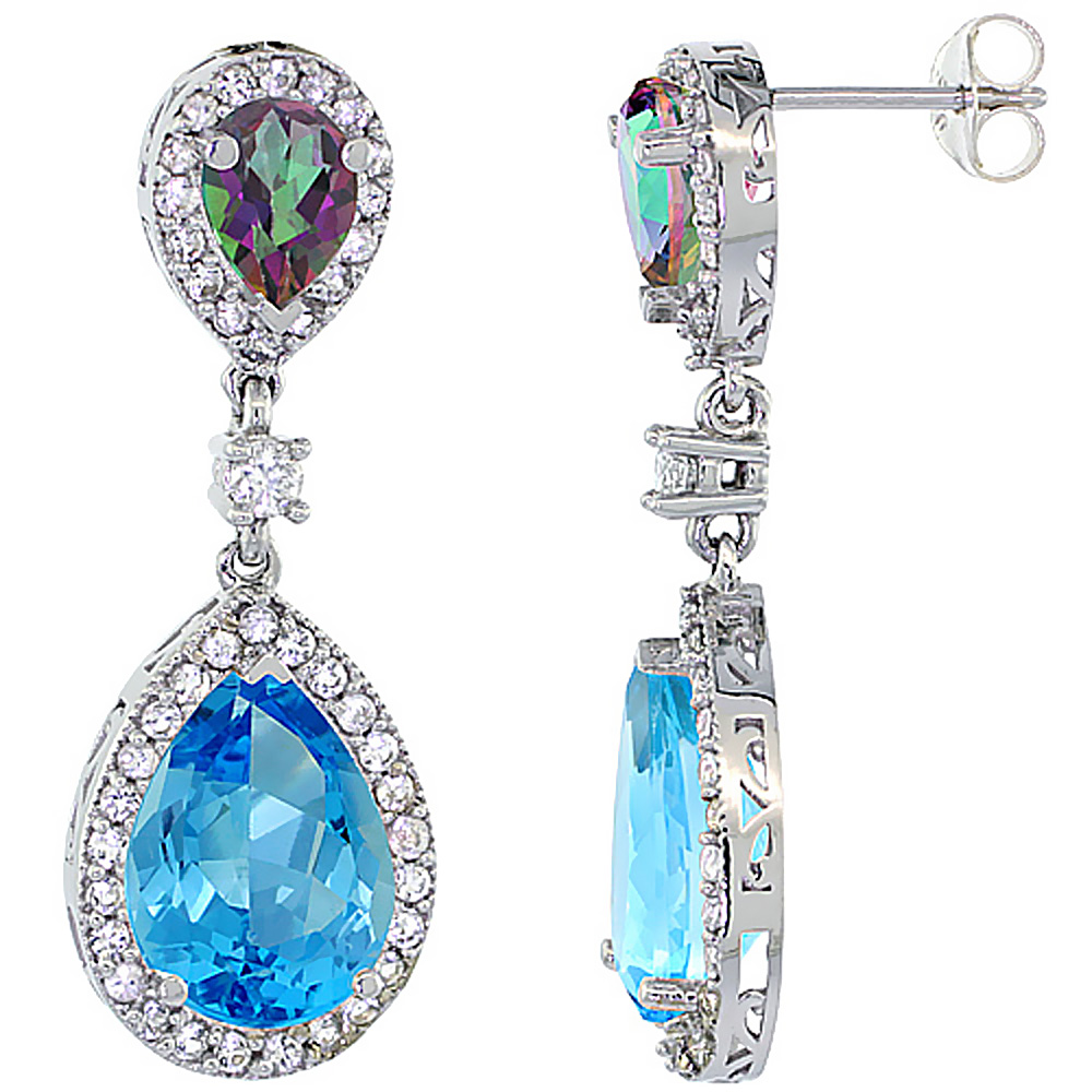 14K White Gold Natural Swiss Blue &amp; Mystic Topazes Teardrop Earrings White Sapphire &amp; Diamond